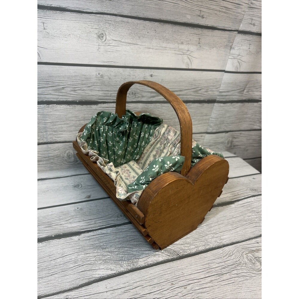 Vintage Wooden Heart Decorative Basket Brown Cottage Farm Country Fabric Lined